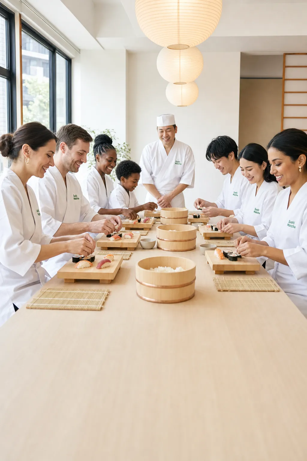 Paare, Familien, Freunde und Alleinreisende machen gemeinsam Sushi am Kurstisch von Sushi Matcha in Asakusa