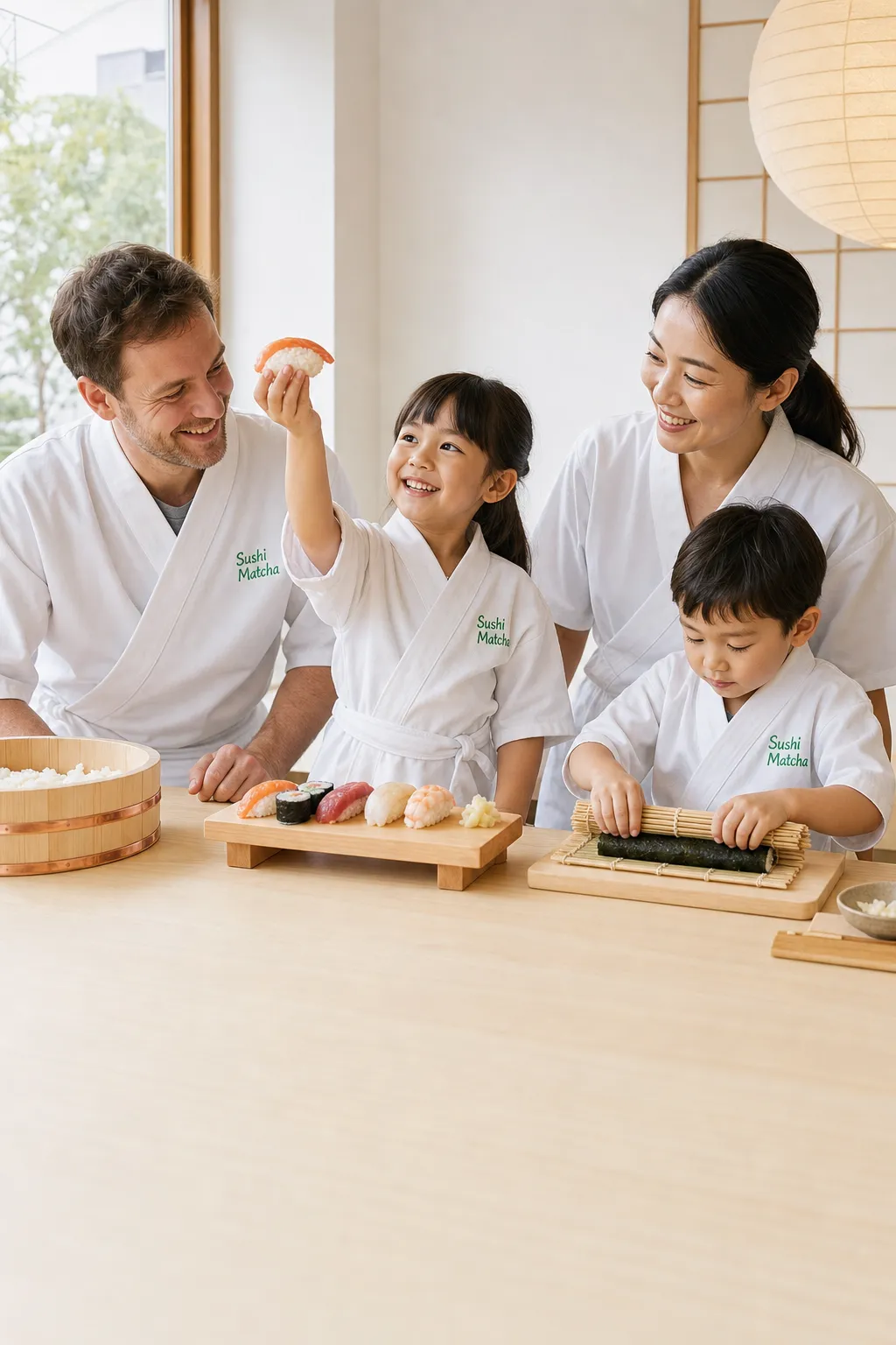 身穿Sushi Matcha白衣的一家人在課程桌前一起做壽司,女孩舉起自己的握壽司
