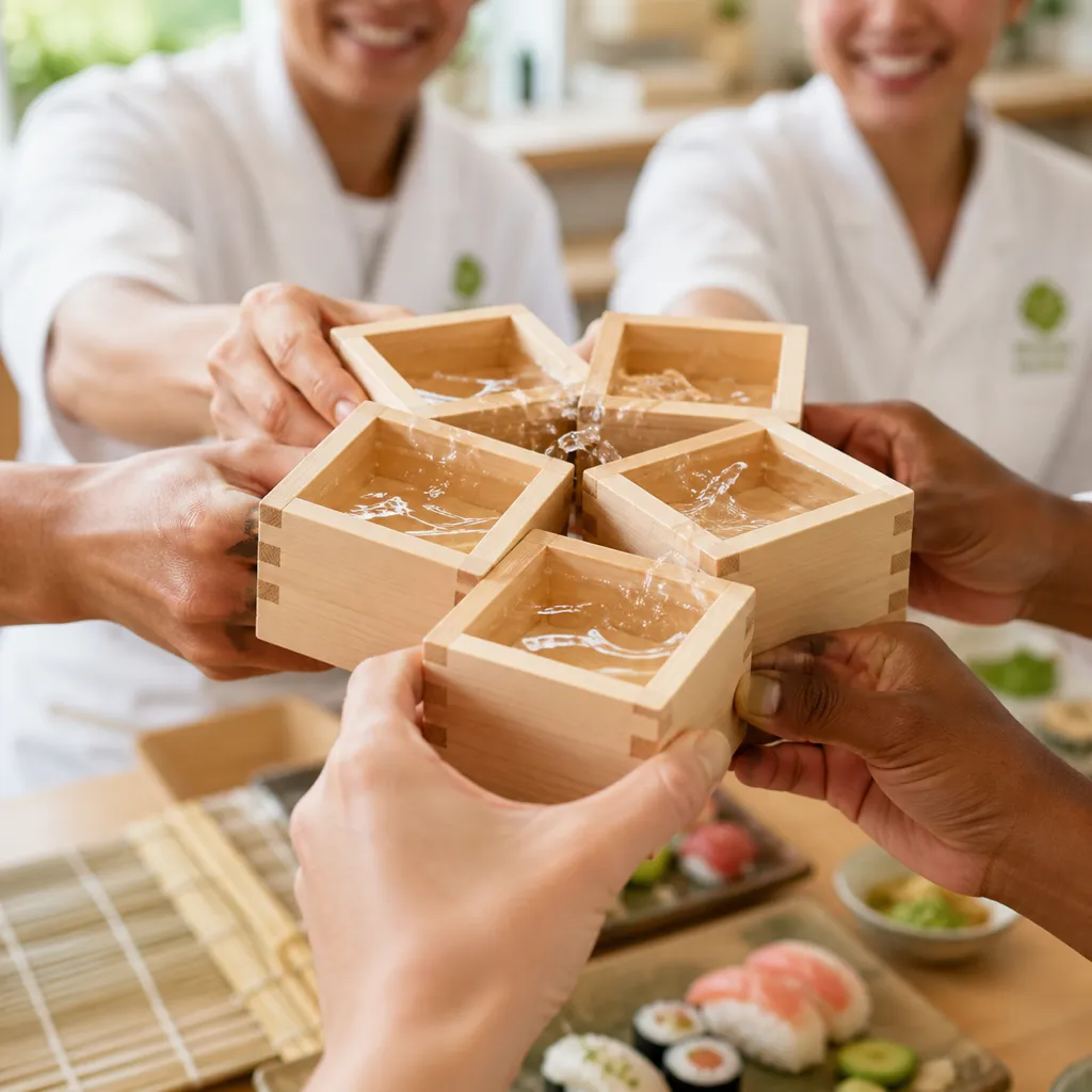 課程長桌上檜木枡相碰乾杯的特寫