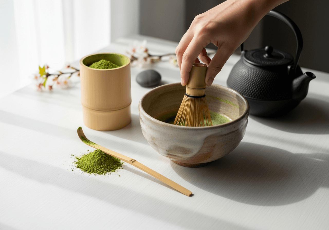 Traditional Japanese matcha tea ceremony with bamboo whisk