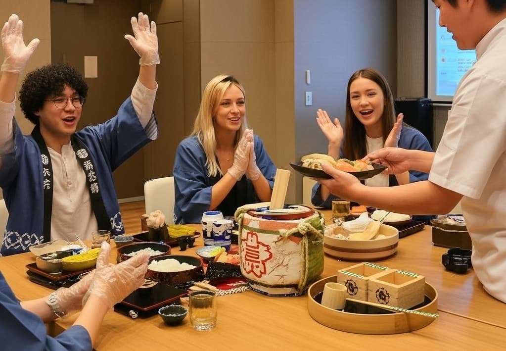 Smiling tourists enjoying sushi making class in Asakusa