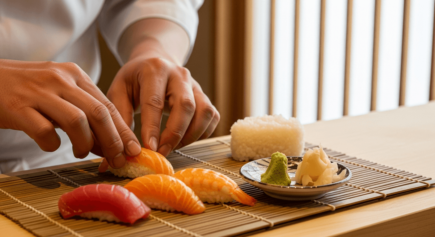 Hands making sushi in Tokyo cooking class