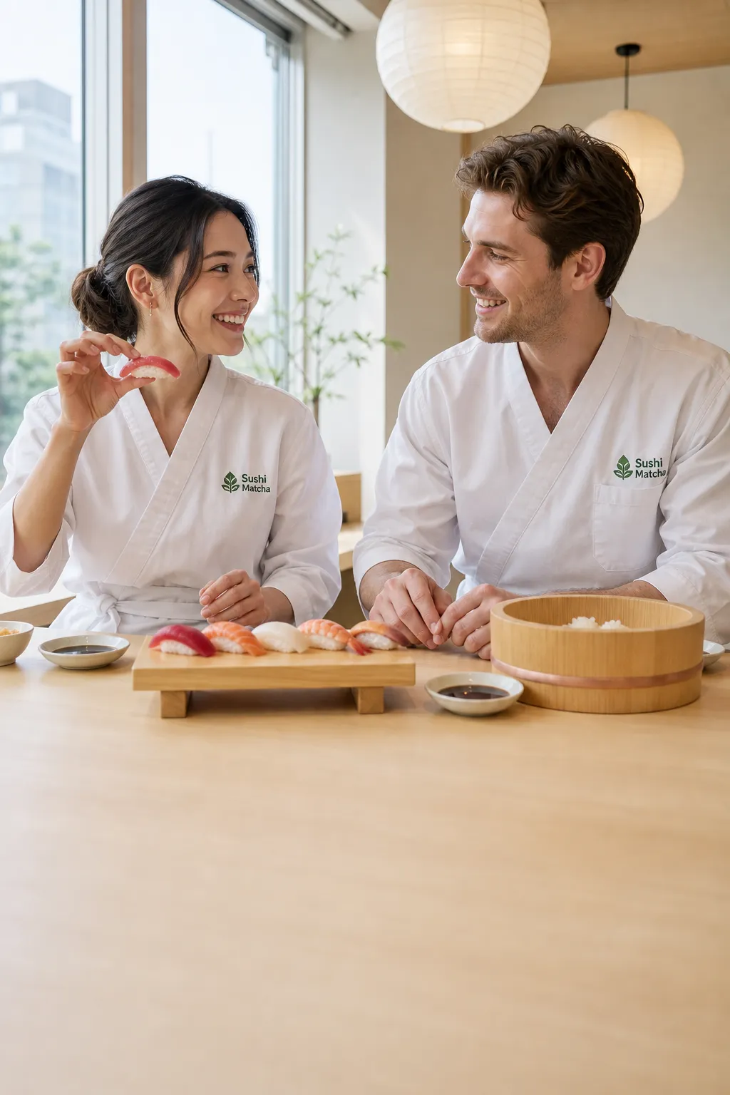 身穿Sushi Matcha白衣的情侣坐在课程操作台前,举起刚做好的握寿司