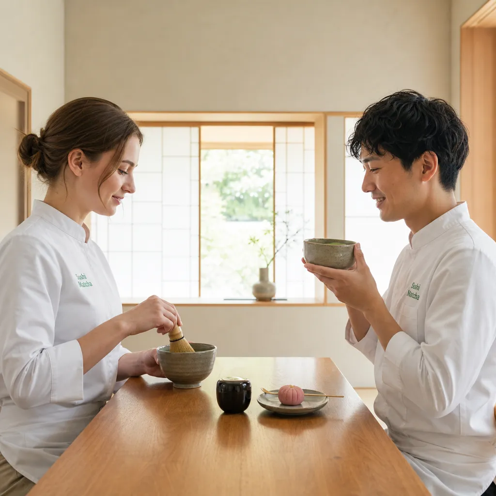 隔着桌子面对面,一人刷抹茶、一人品抹茶的情侣