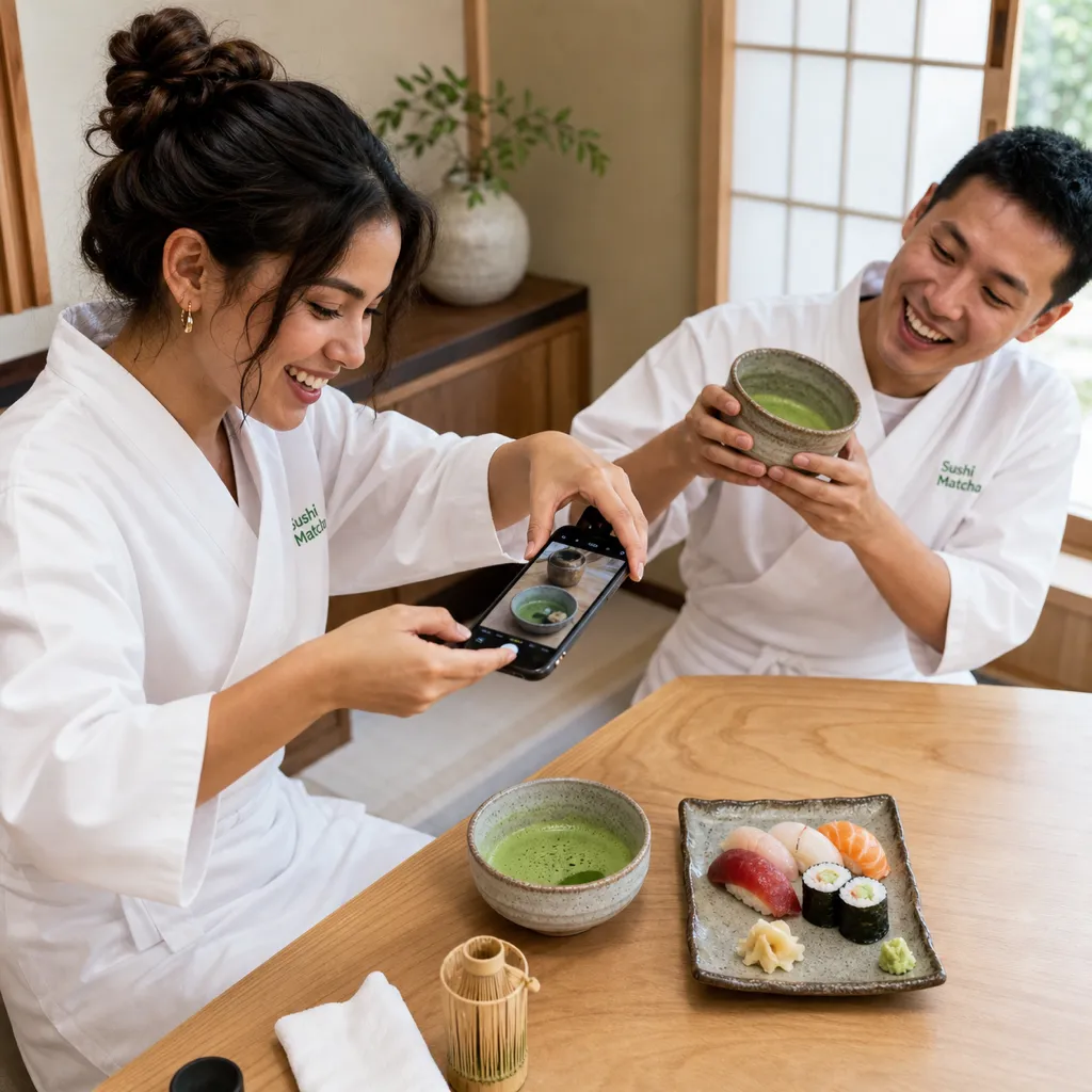 Viajera sola fotografiando su matcha y su sushi mientras un nuevo amigo se asoma al encuadre