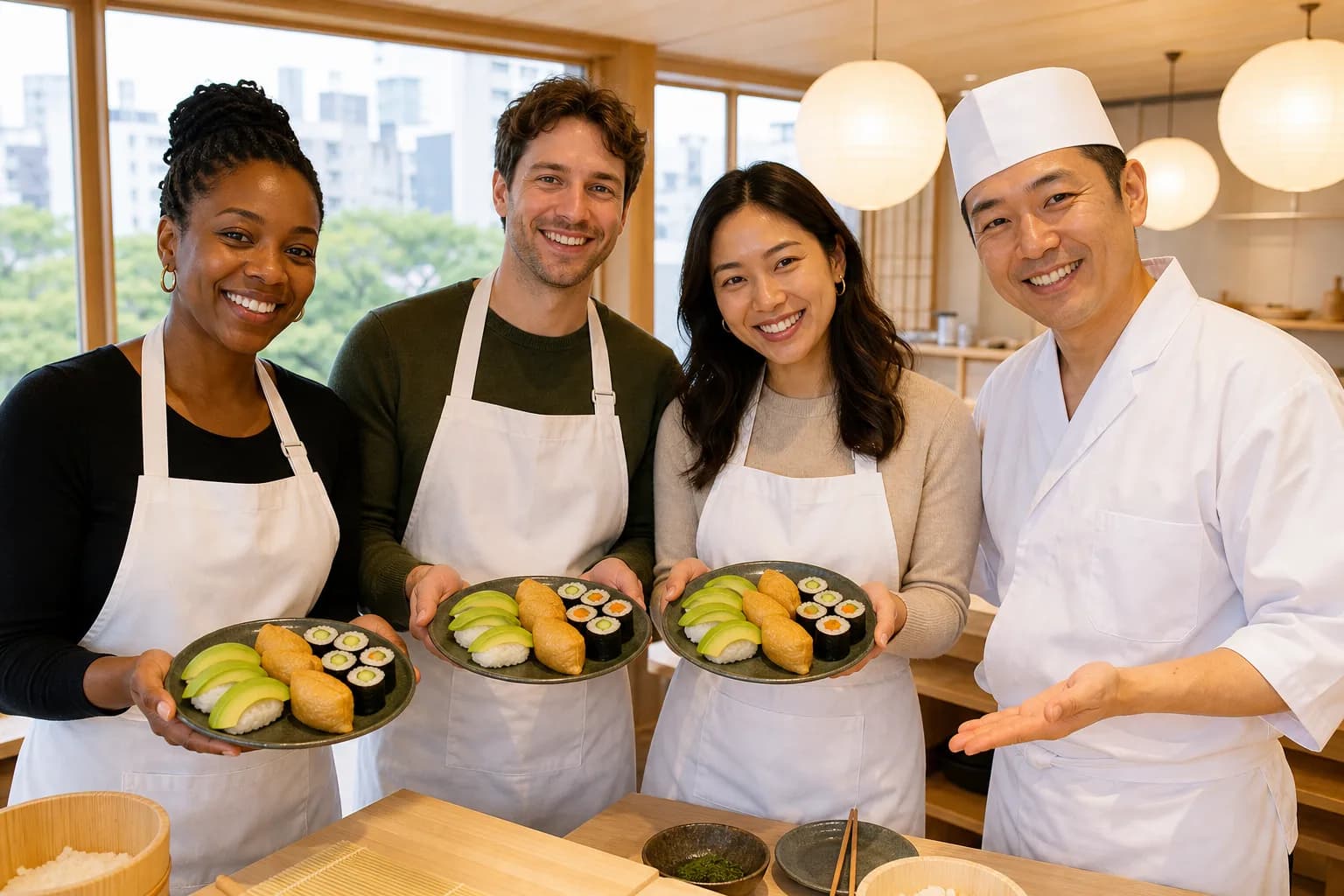 Sushi vegano e con pesce in gruppo
